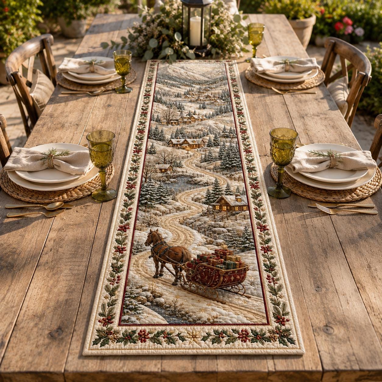 Table Runner for Dining Decor with Quilted Styleed Winter Village and Rustic Christmas Sleigh - photo 2