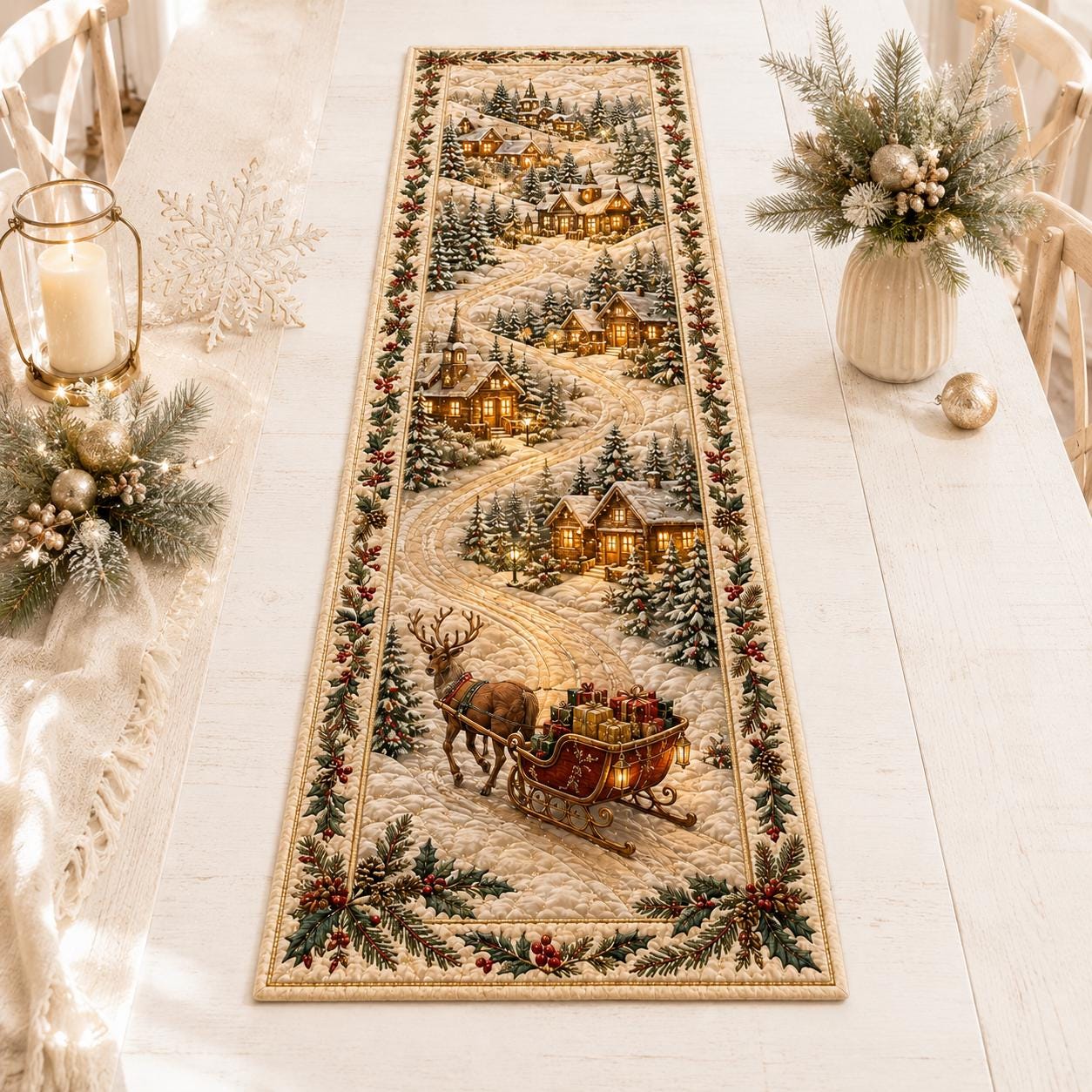 Table Runner for Dining Decor with Quilted Styleed Winter Village and Rustic Christmas Sleigh - photo 3
