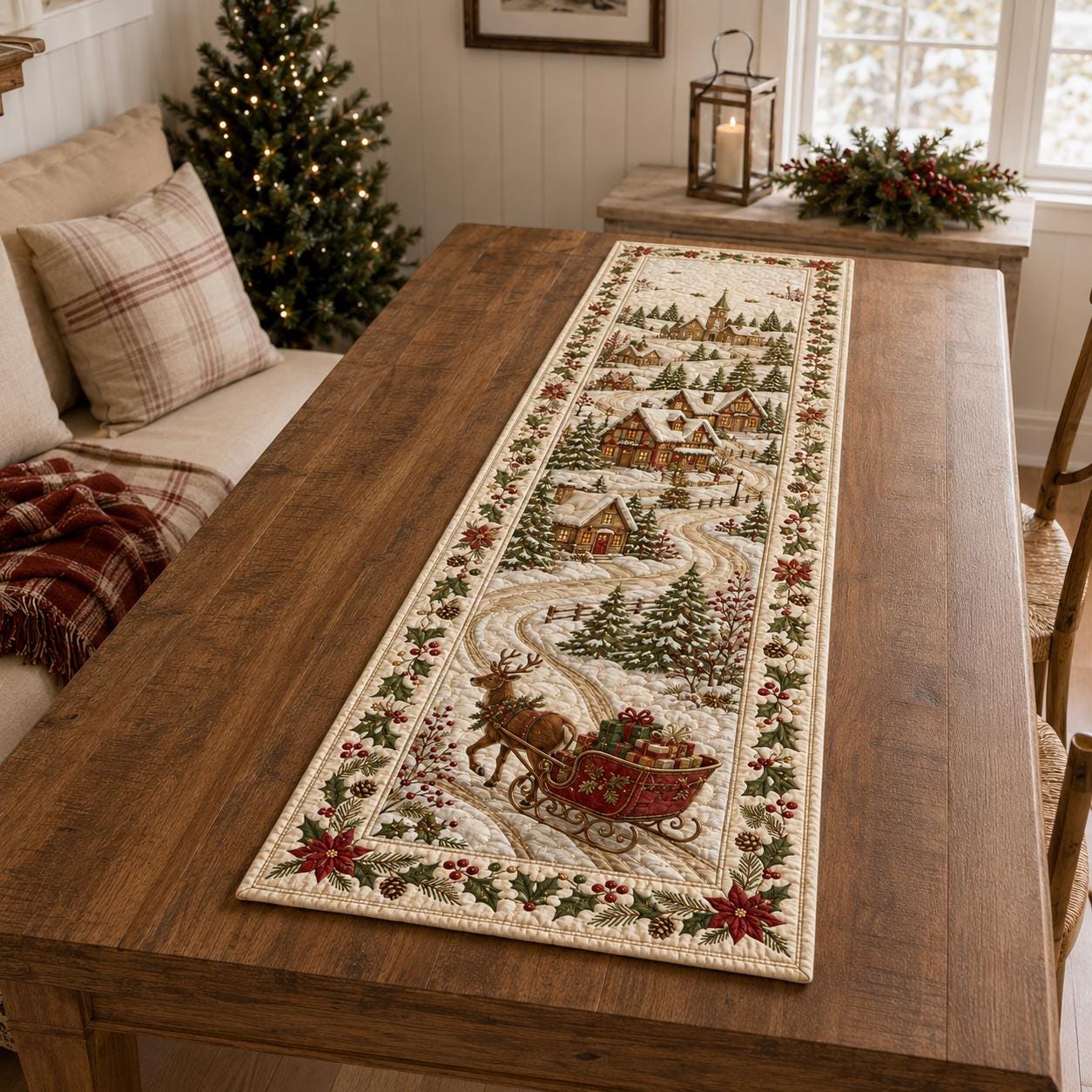 Table Runner for Dining Decor with Quilted Styleed Winter Village and Rustic Christmas Sleigh - photo 6