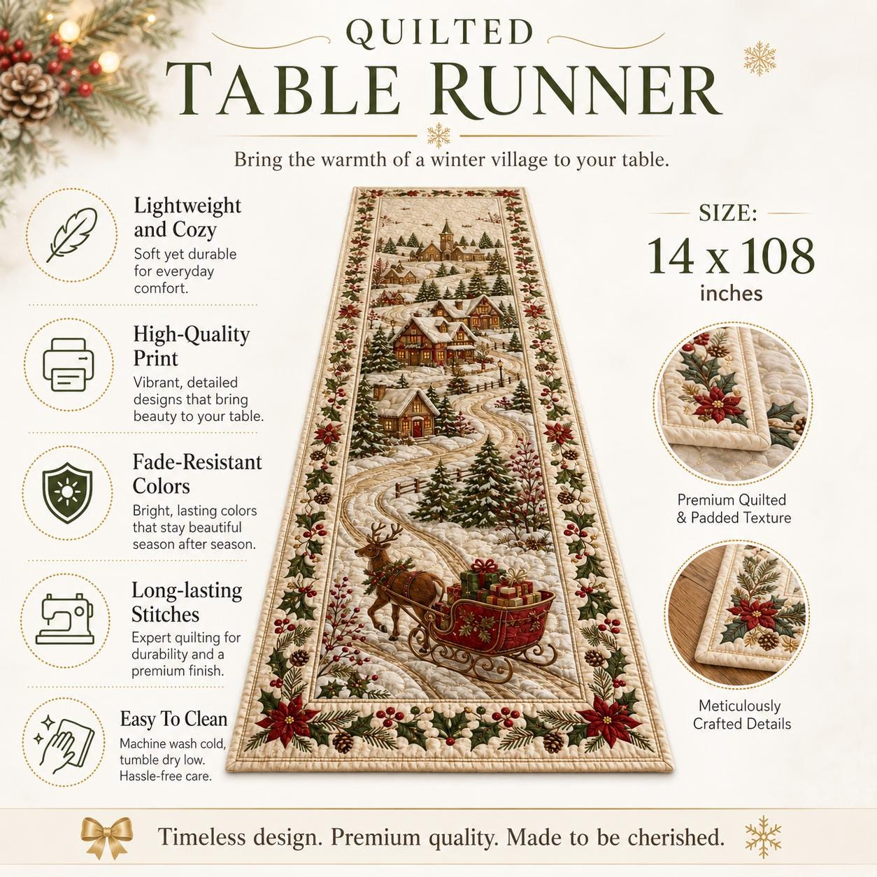 Table Runner for Dining Decor with Quilted Styleed Winter Village and Rustic Christmas Sleigh - photo 7