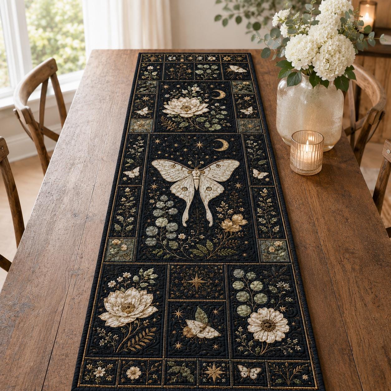 Luna Moth Quilted Styleed And Style Table Runner – Celestial Botanical Dark Academia Floral Dining Tablecloth Decor
