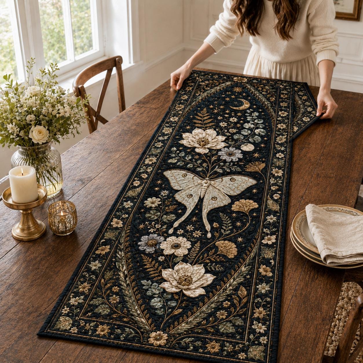 Luna Moth Quilted Styleed And Style Table Runner – Celestial Botanical Dark Academia Floral Dining Tablecloth Decor - photo 2