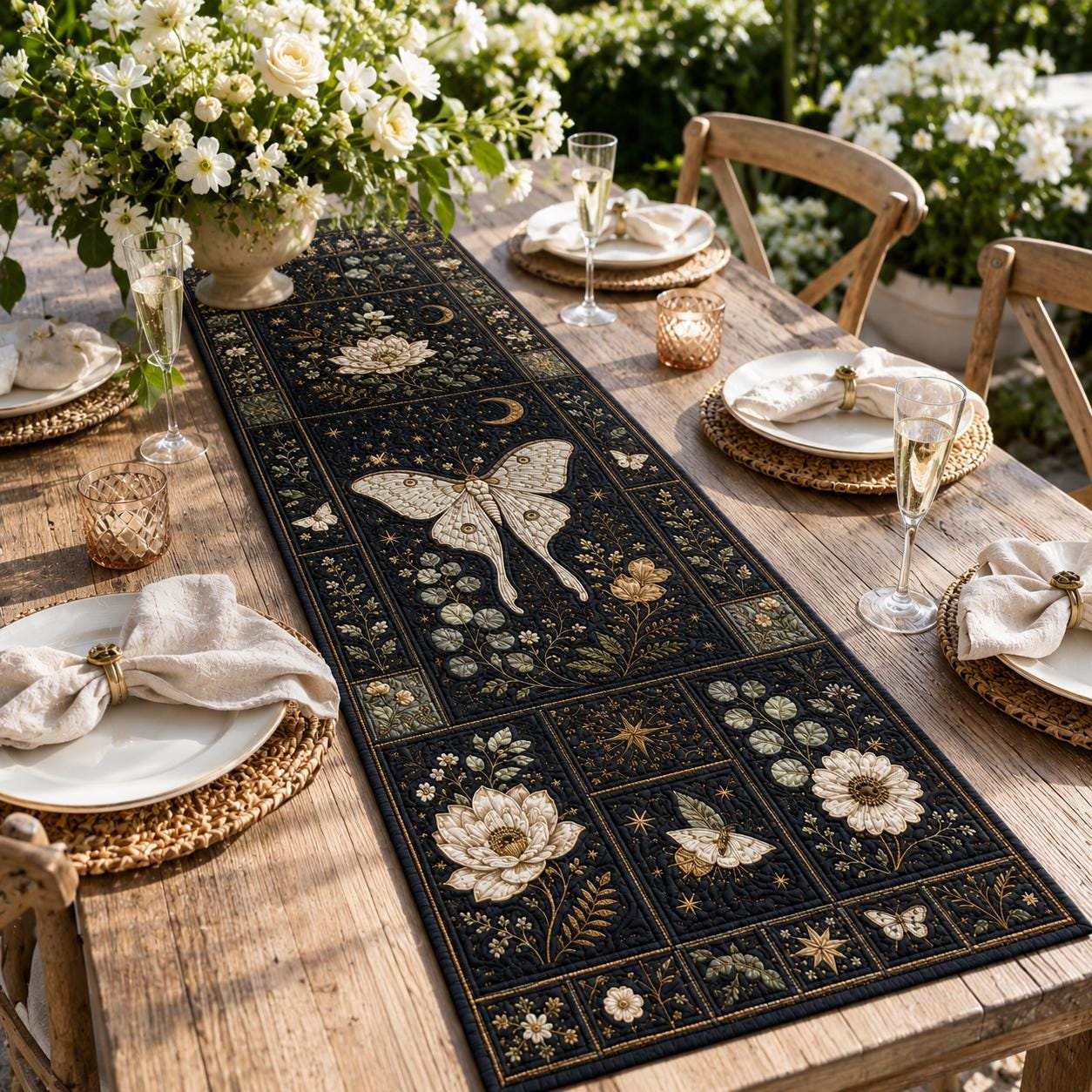 Luna Moth Quilted Styleed And Style Table Runner – Celestial Botanical Dark Academia Floral Dining Tablecloth Decor - photo 3