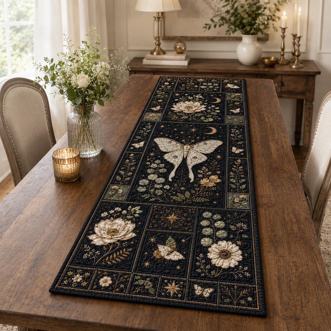 Luna Moth Quilted Styleed And Style Table Runner – Celestial Botanical Dark Academia Floral Dining Tablecloth Decor - photo 6