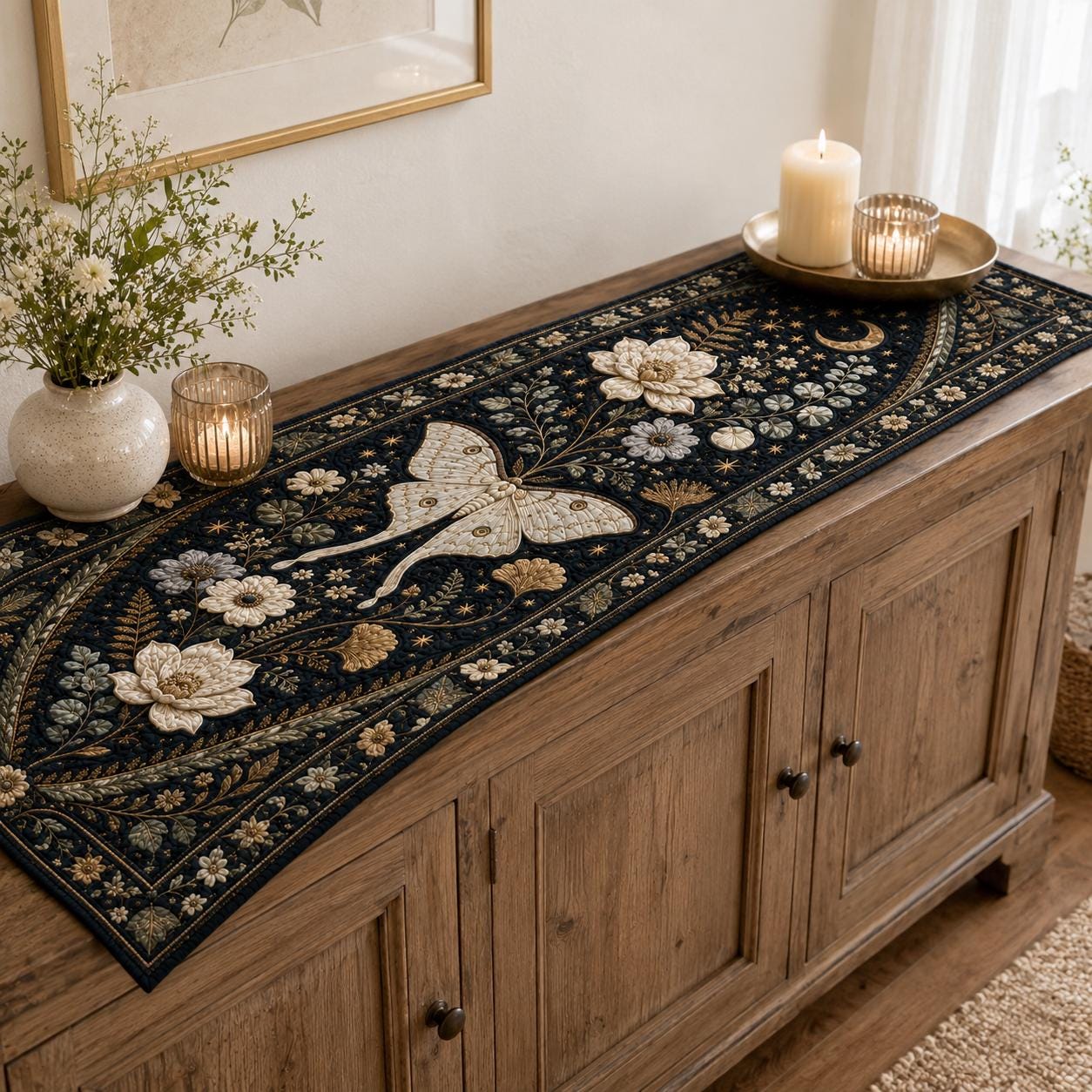 Luna Moth Quilted Styleed And Style Table Runner – Celestial Botanical Dark Academia Floral Dining Tablecloth Decor - photo 7