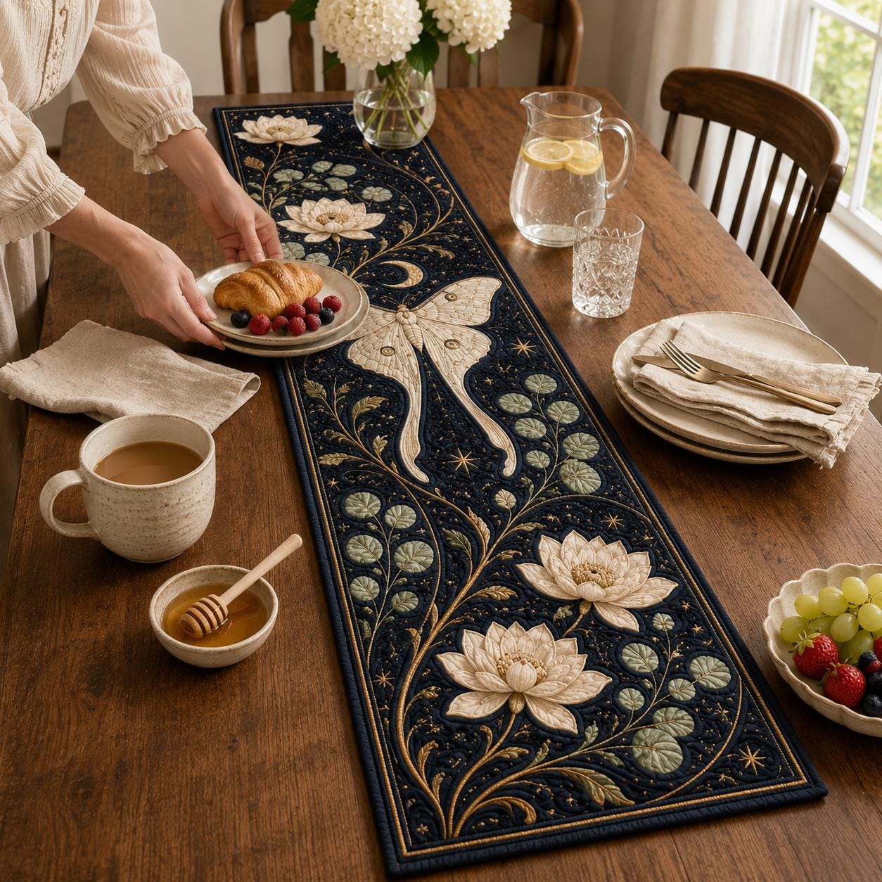 Luna Moth Quilted Styleed And Style Table Runner – Celestial Botanical Dark Academia Floral Dining Tablecloth Decor - photo 8