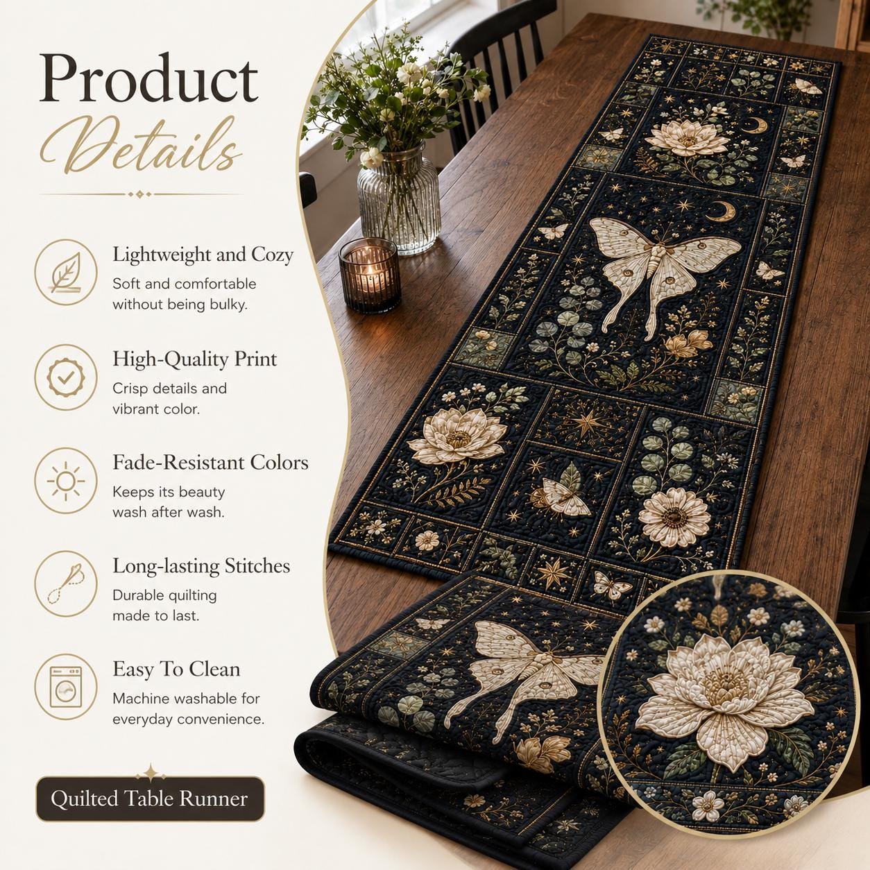 Luna Moth Quilted Styleed And Style Table Runner – Celestial Botanical Dark Academia Floral Dining Tablecloth Decor - photo 9
