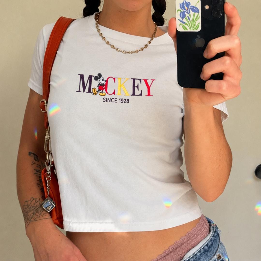 Mickey Mouse Embroidered Baby Tee with Since 1928 Design – Vintage Mickey Mouse Crop Top for Women