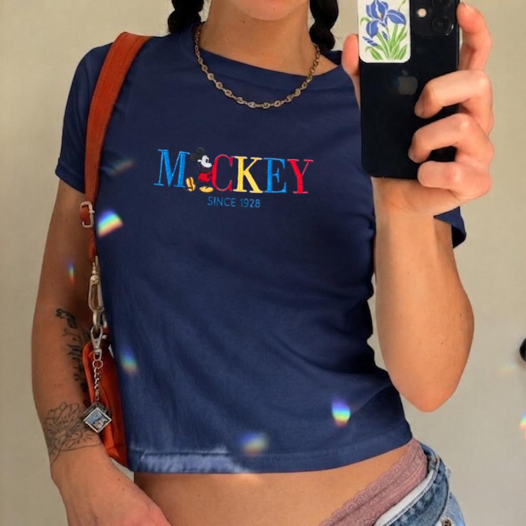 Mickey Mouse Embroidered Baby Tee with Since 1928 Design – Vintage Mickey Mouse Crop Top for Women - photo 2