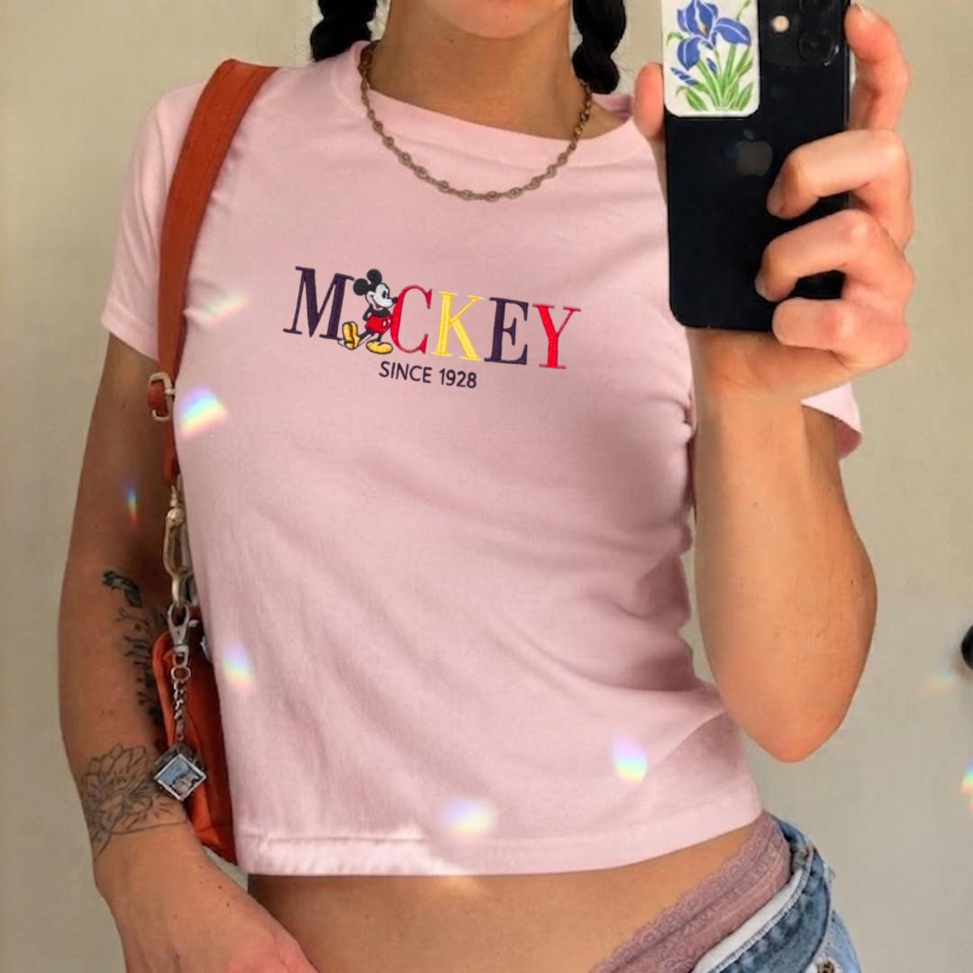 Mickey Mouse Embroidered Baby Tee with Since 1928 Design – Vintage Mickey Mouse Crop Top for Women - photo 3