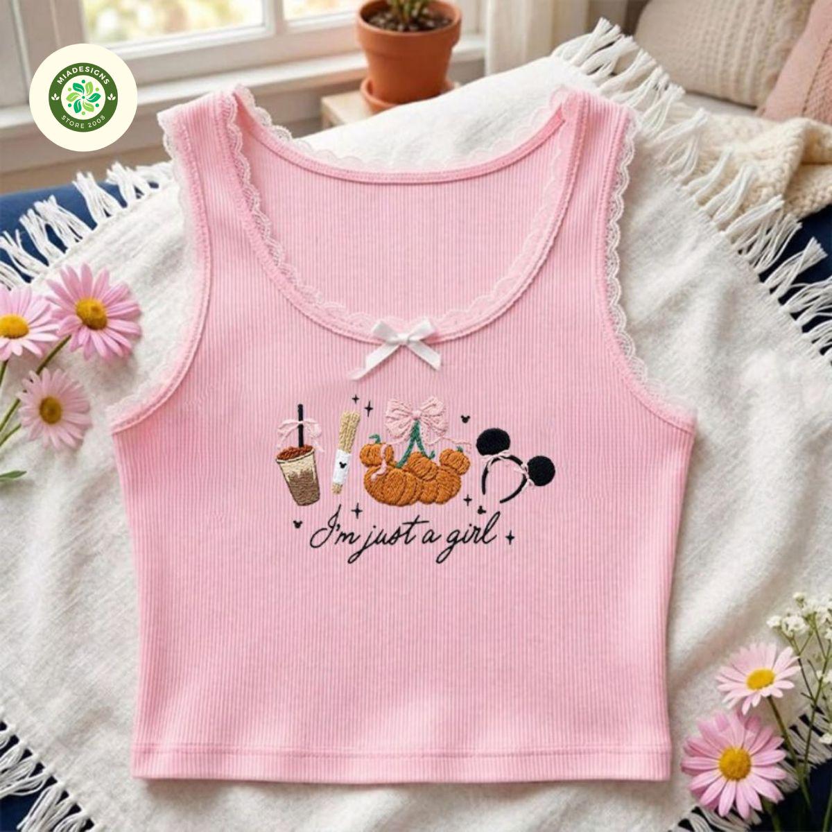 Embroidered Coquette Bow Mickey Minnie Pumpkin Lace Trim Tank Top for Disney Halloween – I'm Just a Girl Trick or Treat Fall Baby Tee