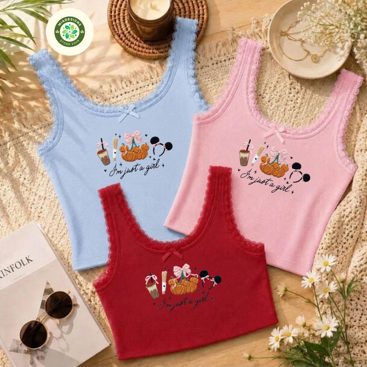 Embroidered Coquette Bow Mickey Minnie Pumpkin Lace Trim Tank Top for Disney Halloween – I'm Just a Girl Trick or Treat Fall Baby Tee - photo 3
