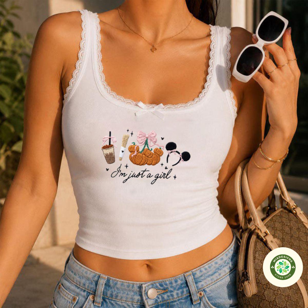 Embroidered Coquette Bow Mickey Minnie Pumpkin Lace Trim Tank Top for Disney Halloween – I'm Just a Girl Trick or Treat Fall Baby Tee - photo 5