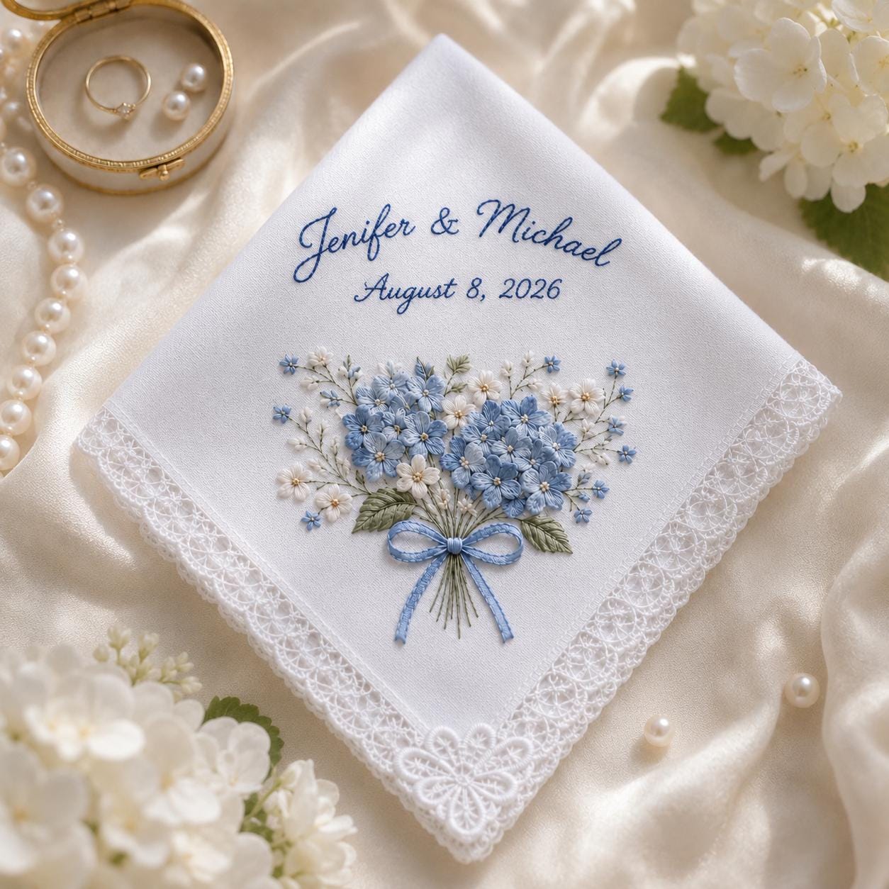 Handkerchief and Bridal Keepsake Gift with Personalized Embroidered Wedding Design, Custom Couple Name Date Hankie, and Blue Hydrangea Lace