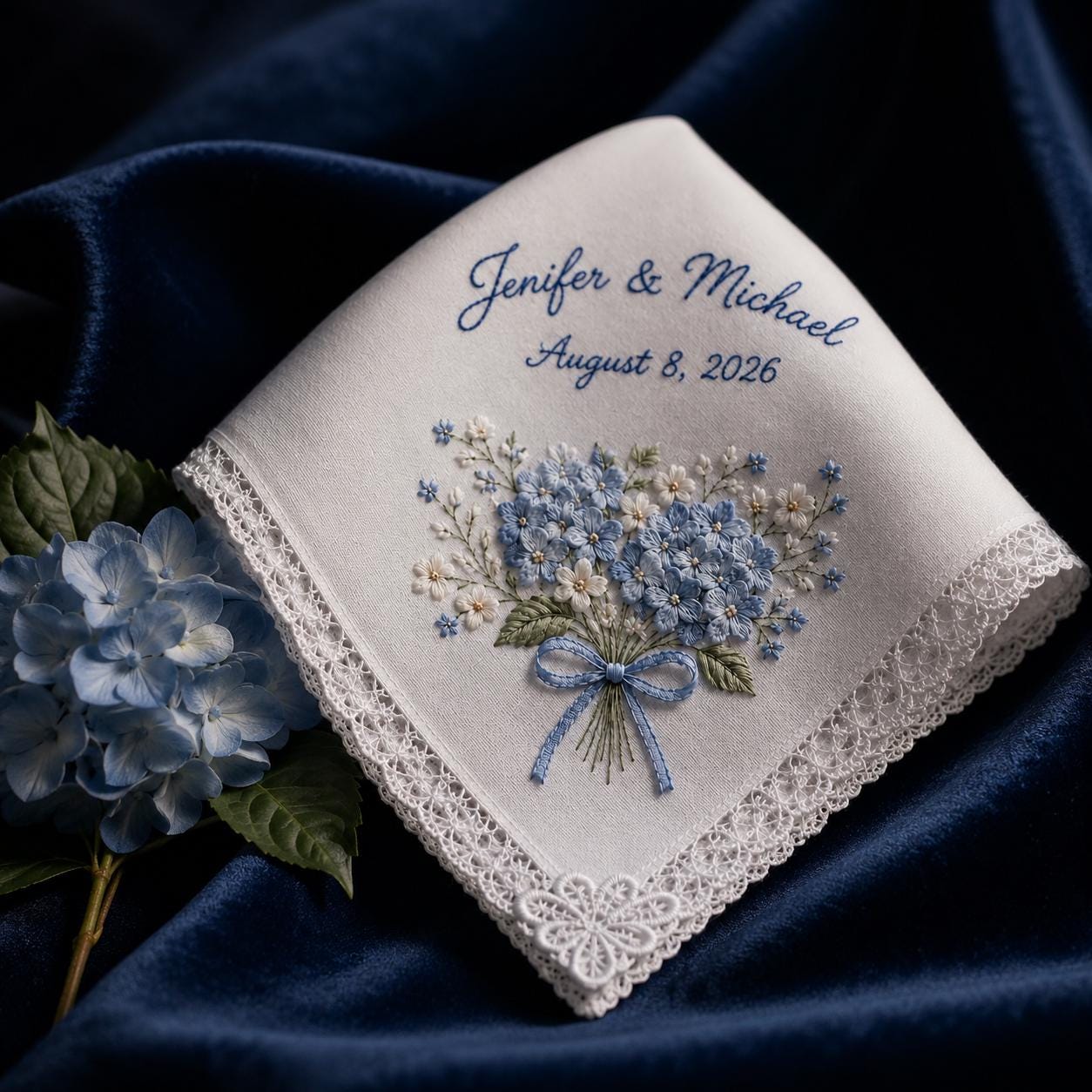 Handkerchief and Bridal Keepsake Gift with Personalized Embroidered Wedding Design, Custom Couple Name Date Hankie, and Blue Hydrangea Lace - photo 2