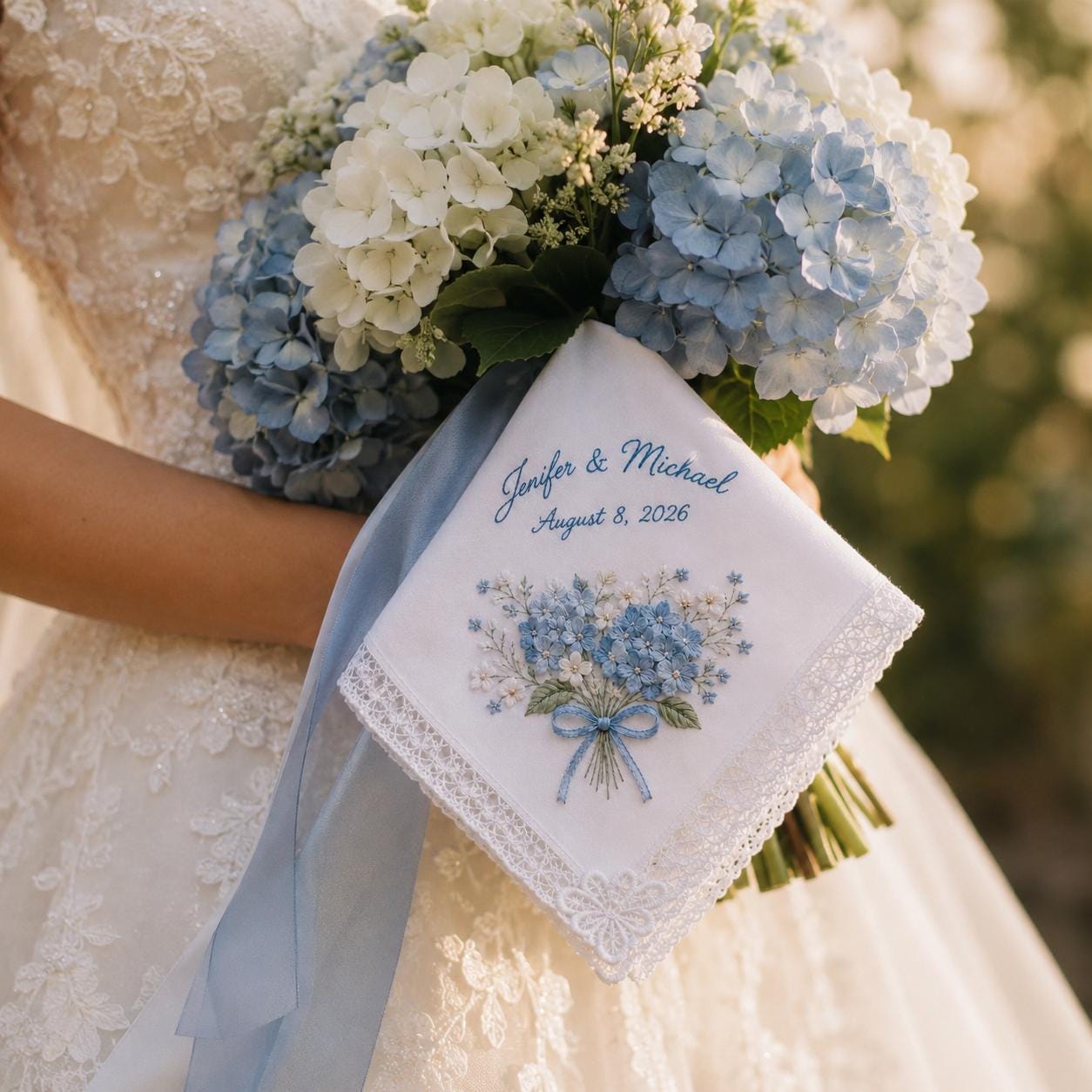 Handkerchief and Bridal Keepsake Gift with Personalized Embroidered Wedding Design, Custom Couple Name Date Hankie, and Blue Hydrangea Lace - photo 3