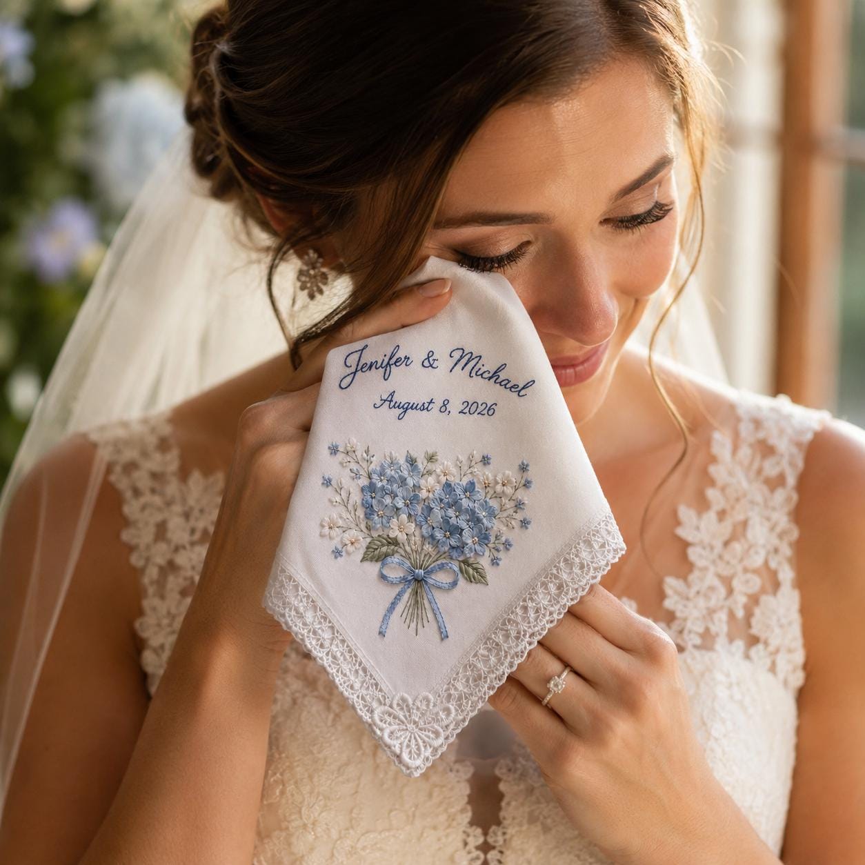 Handkerchief and Bridal Keepsake Gift with Personalized Embroidered Wedding Design, Custom Couple Name Date Hankie, and Blue Hydrangea Lace - photo 7