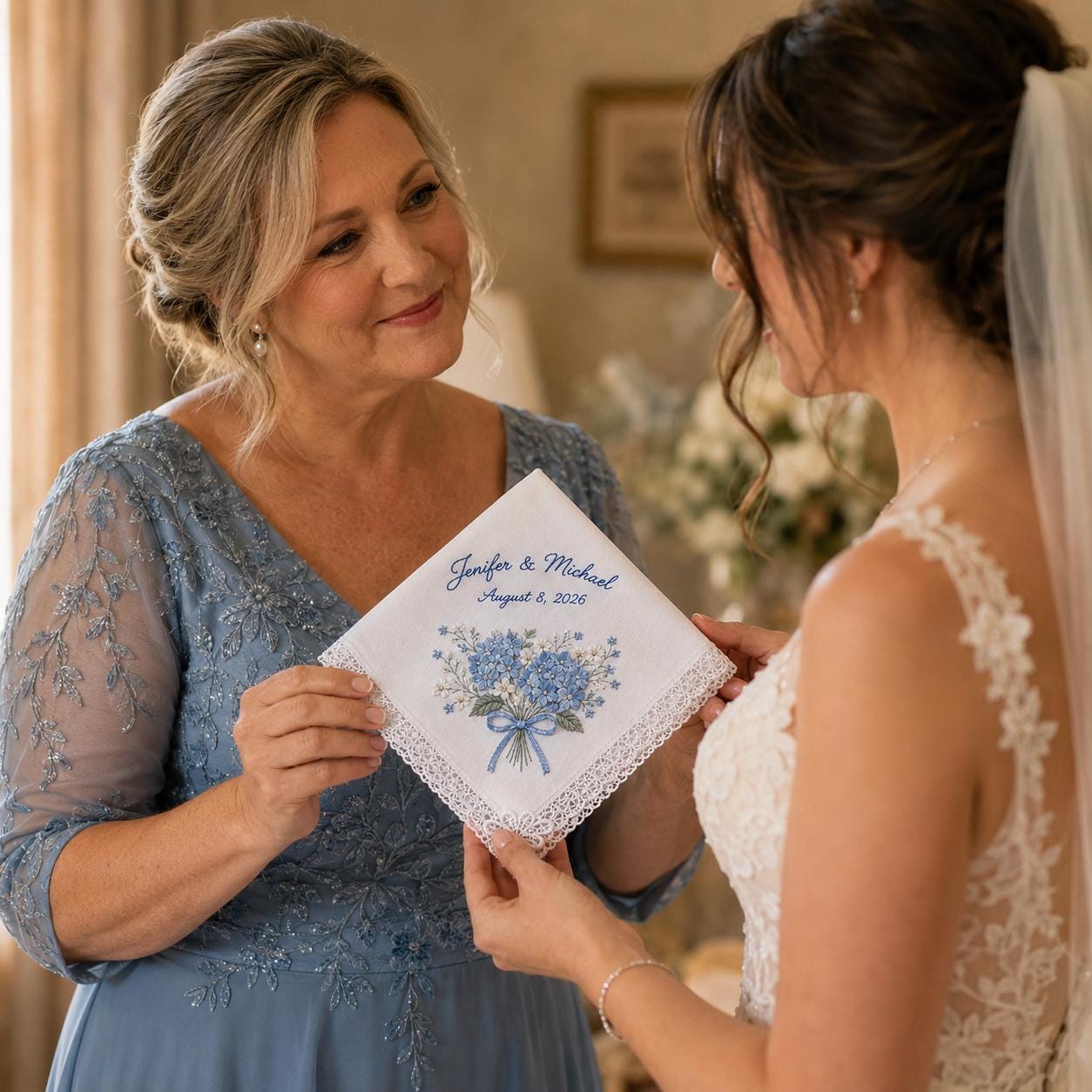 Handkerchief and Bridal Keepsake Gift with Personalized Embroidered Wedding Design, Custom Couple Name Date Hankie, and Blue Hydrangea Lace - photo 8