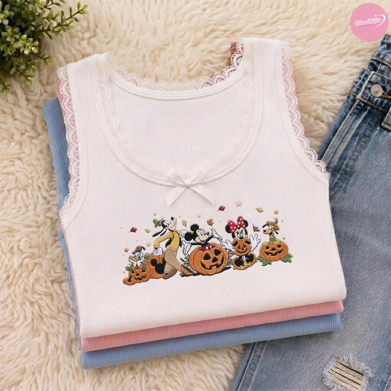 Embroidered Mickey and Friends Autumn Lace Trim Baby Tee Crop Tank for Disneyland Fall Vibes – WDW Disney Halloween Trip Outfit - photo 3