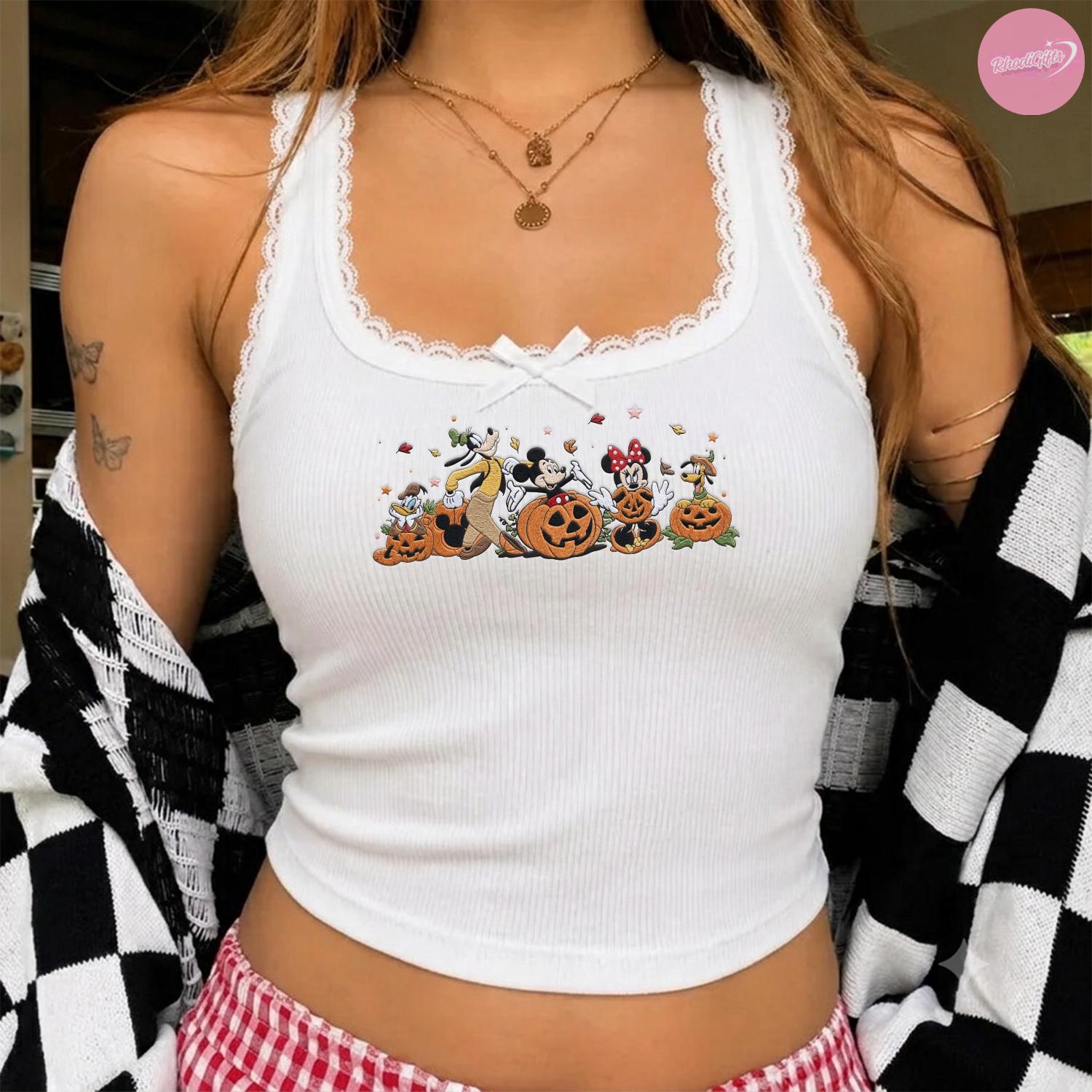 Embroidered Mickey and Friends Autumn Lace Trim Baby Tee Crop Tank for Disneyland Fall Vibes – WDW Disney Halloween Trip Outfit - photo 4