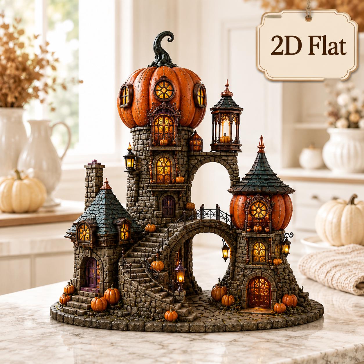 Halloween Wooden Block with Pumpkin Castle Motif for Village Shelf Decor, Gothic Autumn House, and Jack O Lantern Display