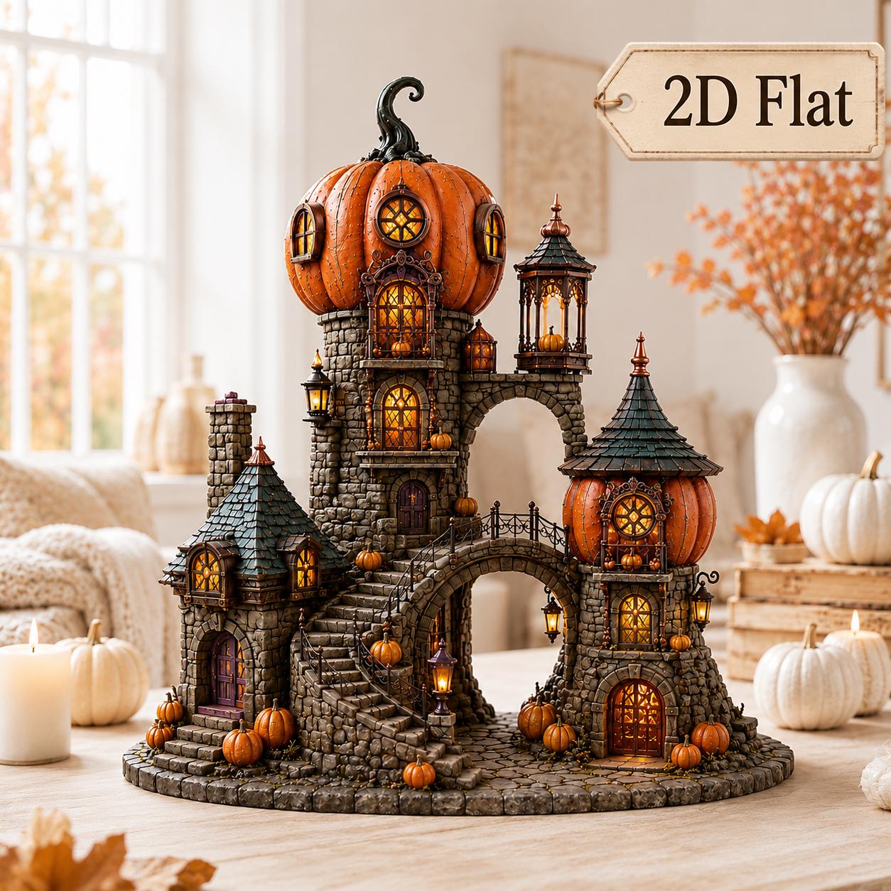 Halloween Wooden Block with Pumpkin Castle Motif for Village Shelf Decor, Gothic Autumn House, and Jack O Lantern Display - photo 2