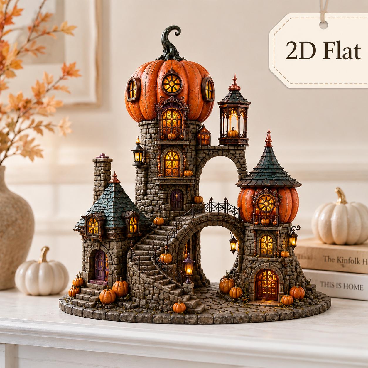 Halloween Wooden Block with Pumpkin Castle Motif for Village Shelf Decor, Gothic Autumn House, and Jack O Lantern Display - photo 3