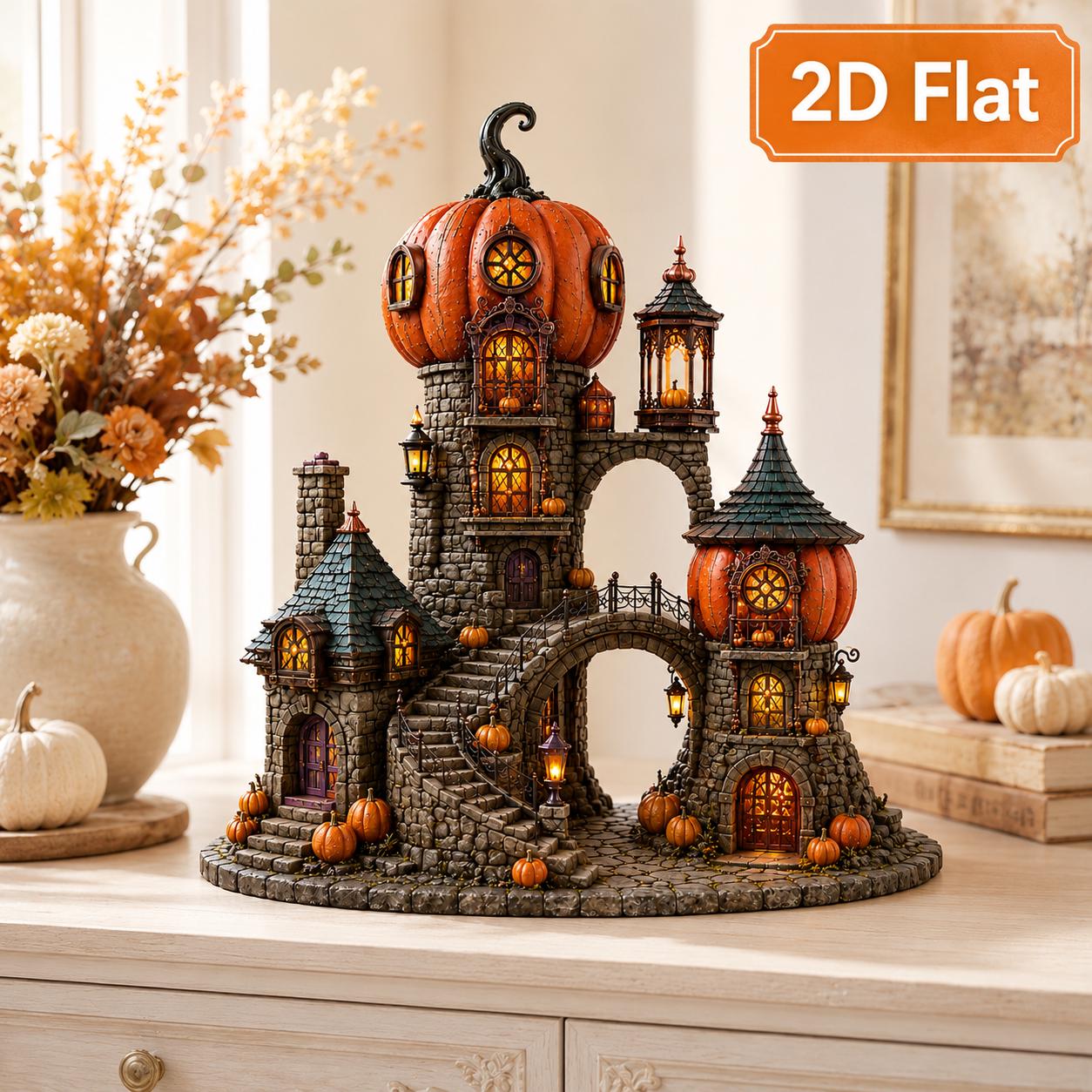 Halloween Wooden Block with Pumpkin Castle Motif for Village Shelf Decor, Gothic Autumn House, and Jack O Lantern Display - photo 4