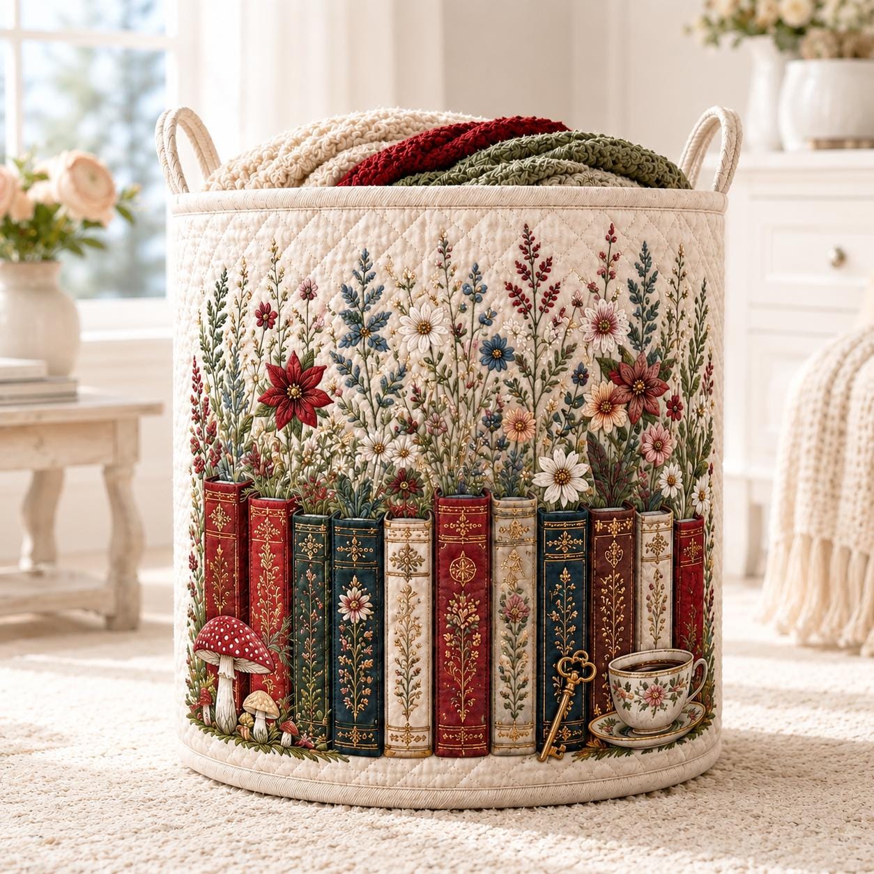 Vintage Book Wildflower Quilt Laundry Basket with Floral Library Storage Hamper and Cottagecore Quilted Bin Bedroom Home Decor Gift