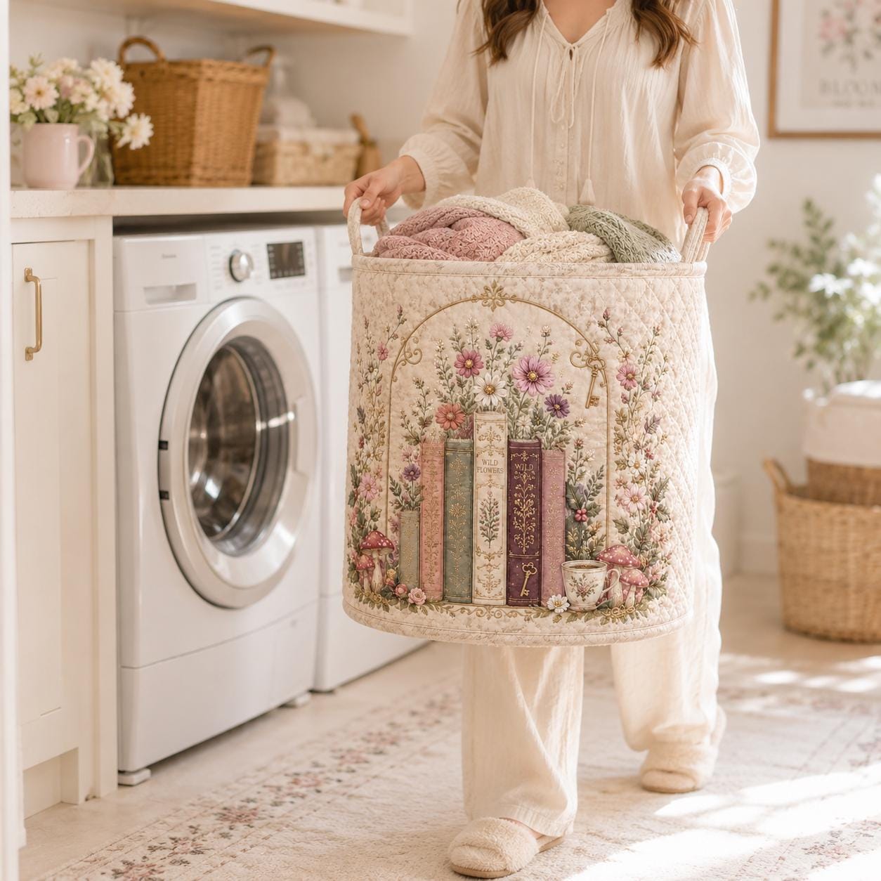Vintage Book Wildflower Quilt Laundry Basket with Floral Library Storage Hamper and Cottagecore Quilted Bin Bedroom Home Decor Gift - photo 2