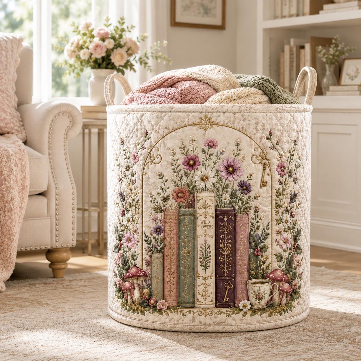 Vintage Book Wildflower Quilt Laundry Basket with Floral Library Storage Hamper and Cottagecore Quilted Bin Bedroom Home Decor Gift - photo 6