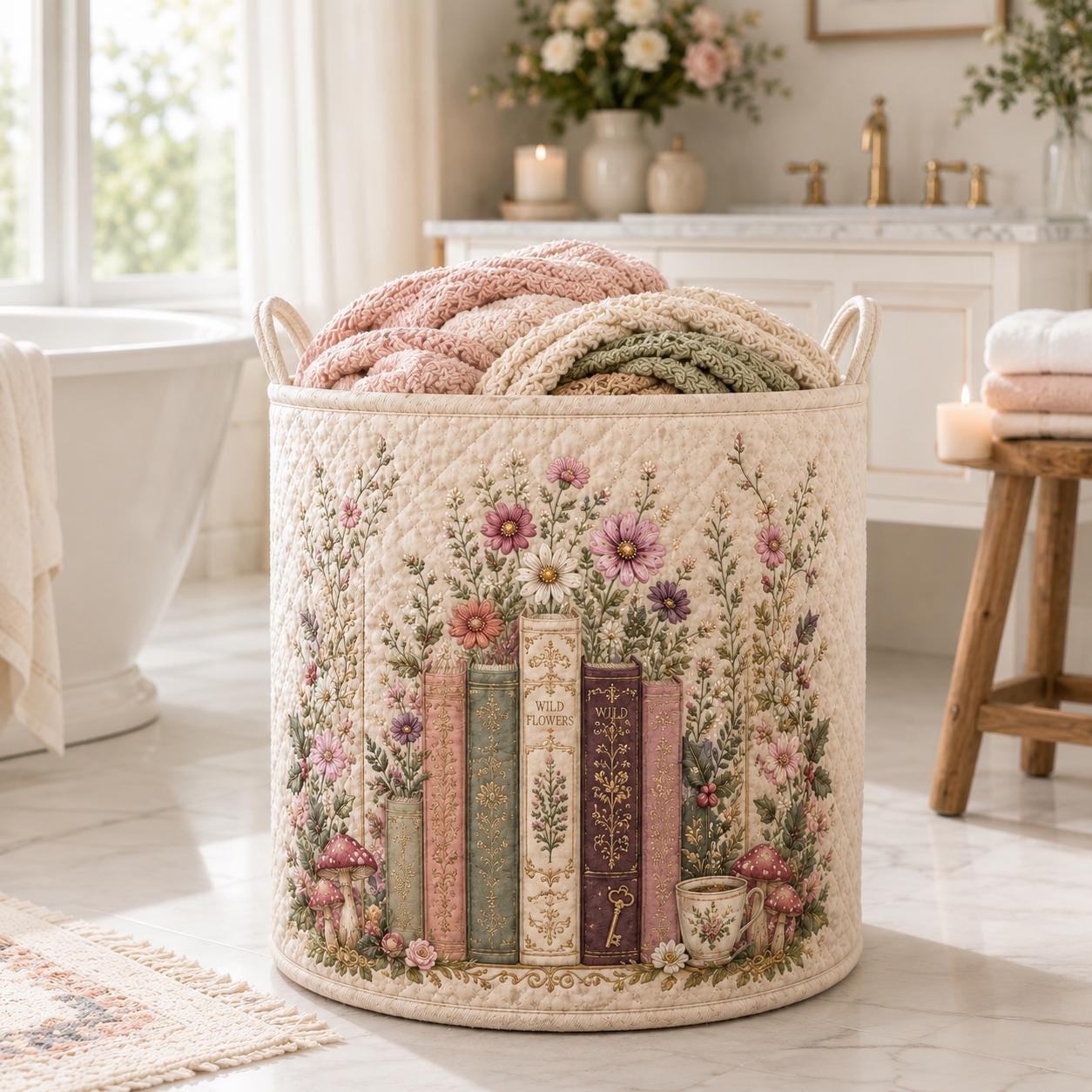 Vintage Book Wildflower Quilt Laundry Basket with Floral Library Storage Hamper and Cottagecore Quilted Bin Bedroom Home Decor Gift - photo 7
