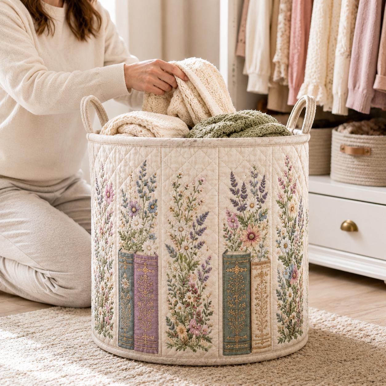 Vintage Book Wildflower Quilt Laundry Basket with Floral Library Storage Hamper and Cottagecore Quilted Bin Bedroom Home Decor Gift - photo 8