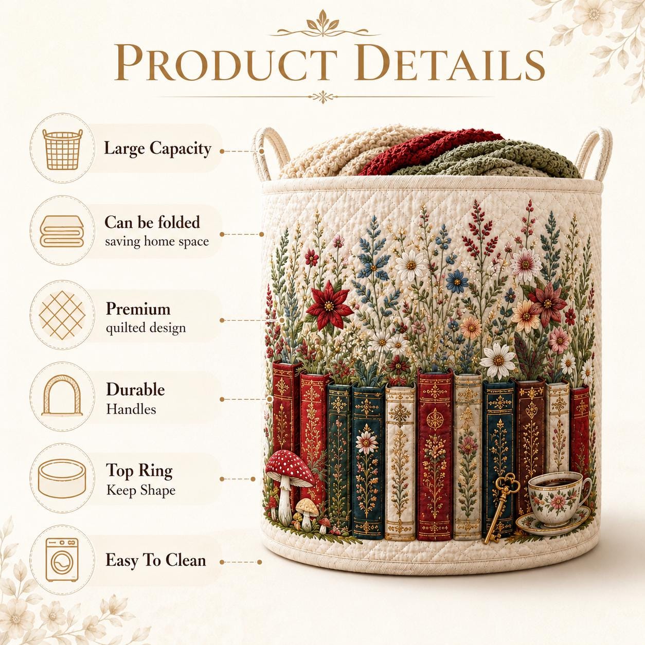 Vintage Book Wildflower Quilt Laundry Basket with Floral Library Storage Hamper and Cottagecore Quilted Bin Bedroom Home Decor Gift - photo 9
