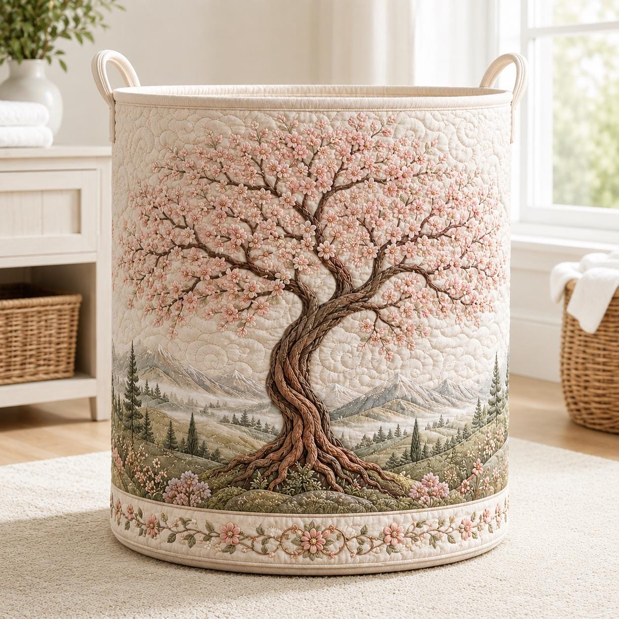 Laundry Basket and Clothes Hamper with Eternal Branch Quilted Styleed Cherry Blossom Tree Design for Gift For Mom
