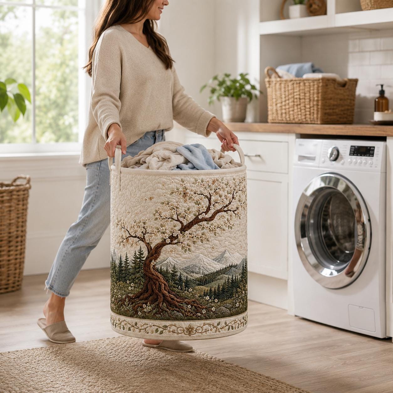 Laundry Basket and Clothes Hamper with Eternal Branch Quilted Styleed Cherry Blossom Tree Design for Gift For Mom - photo 2
