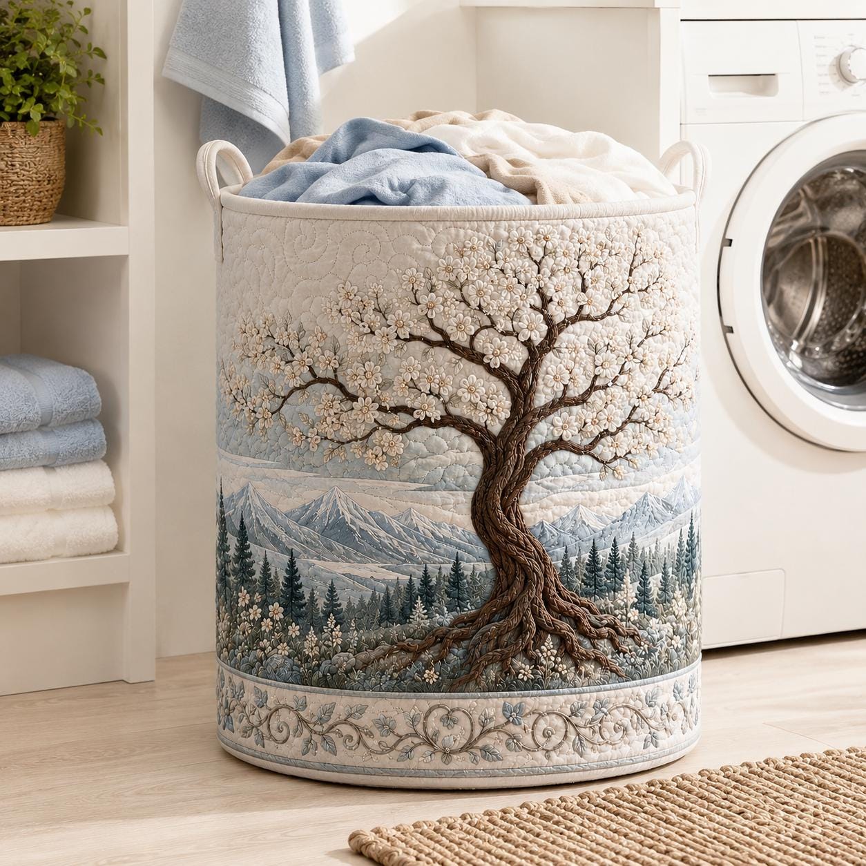 Laundry Basket and Clothes Hamper with Eternal Branch Quilted Styleed Cherry Blossom Tree Design for Gift For Mom - photo 3