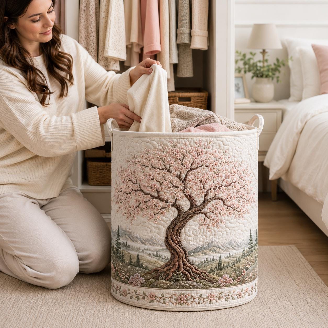 Laundry Basket and Clothes Hamper with Eternal Branch Quilted Styleed Cherry Blossom Tree Design for Gift For Mom - photo 8