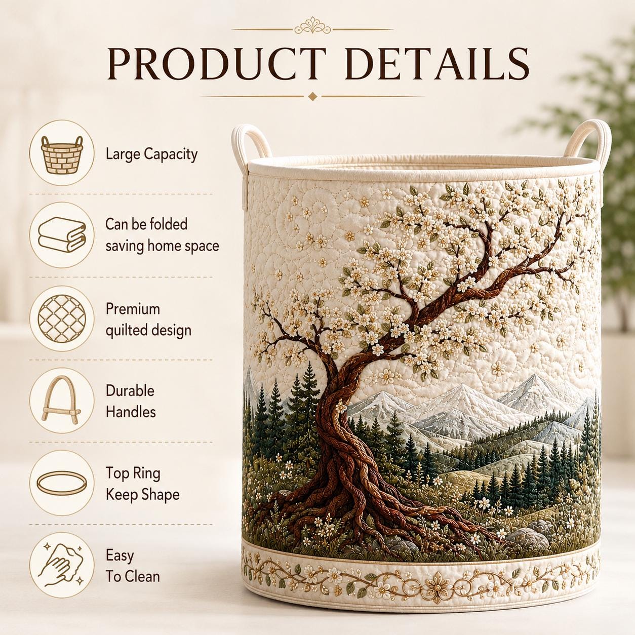 Laundry Basket and Clothes Hamper with Eternal Branch Quilted Styleed Cherry Blossom Tree Design for Gift For Mom - photo 9