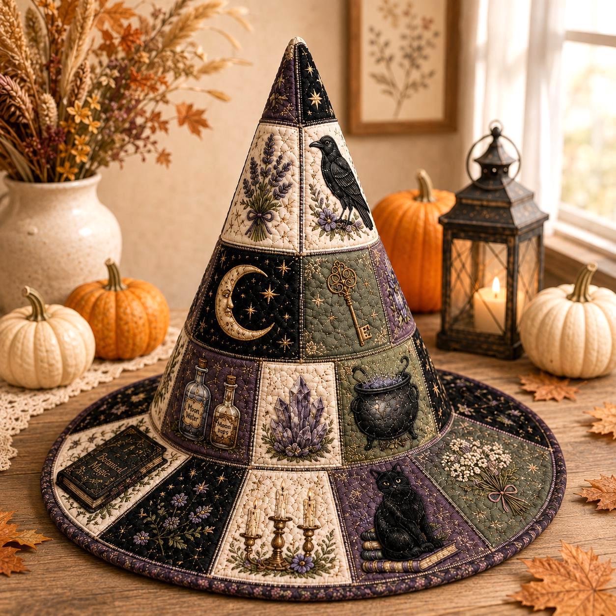Halloween Quilted Witch Hat with Magical Raven Patchwork for Witchcore Table Decor and Gothic Fall Centerpiece
