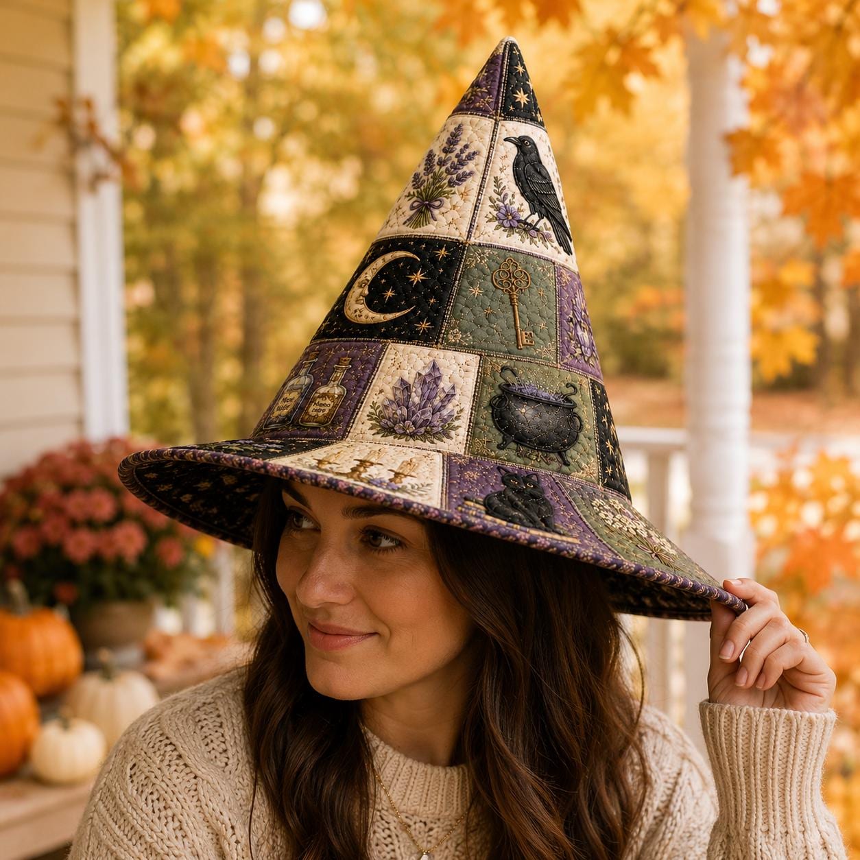 Halloween Quilted Witch Hat with Magical Raven Patchwork for Witchcore Table Decor and Gothic Fall Centerpiece - photo 2