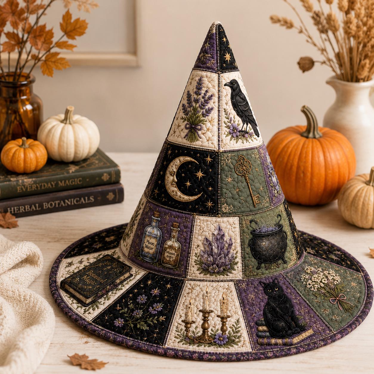 Halloween Quilted Witch Hat with Magical Raven Patchwork for Witchcore Table Decor and Gothic Fall Centerpiece - photo 3
