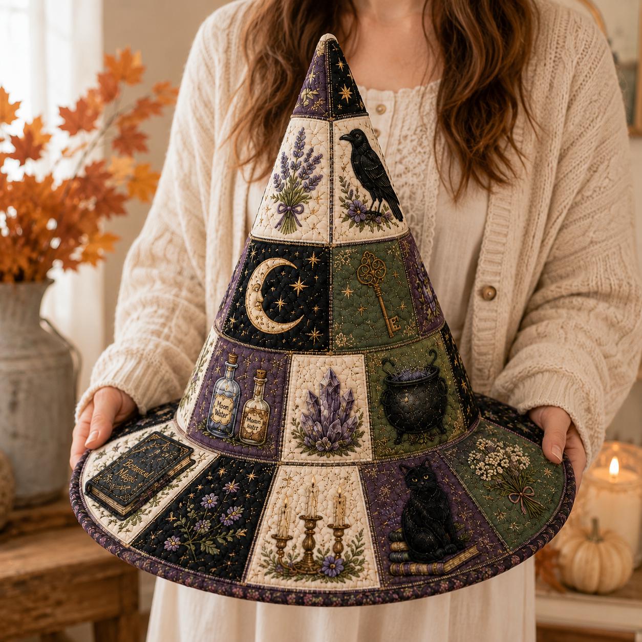 Halloween Quilted Witch Hat with Magical Raven Patchwork for Witchcore Table Decor and Gothic Fall Centerpiece - photo 4