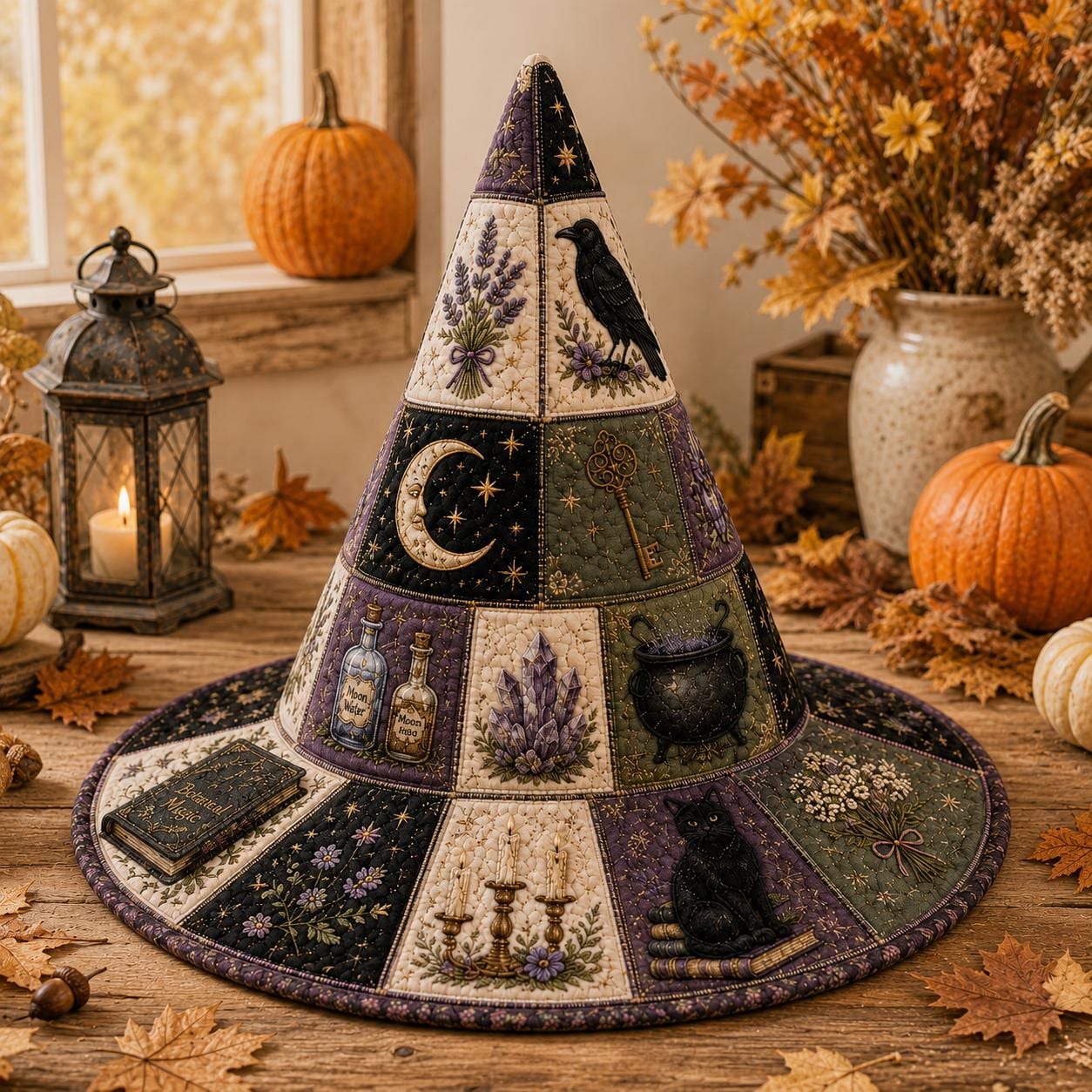Halloween Quilted Witch Hat with Magical Raven Patchwork for Witchcore Table Decor and Gothic Fall Centerpiece - photo 5