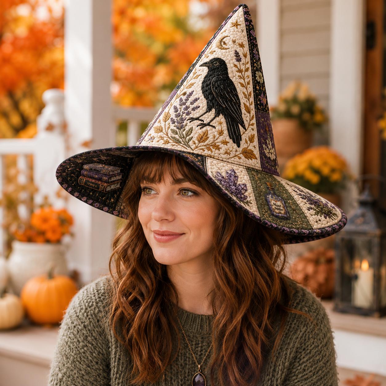 Quilted Patchwork Witch Hat Table Centerpiece β Gothic Autumn and Spooky Fall Home Decor with Raven Moon for Witchcore Halloween