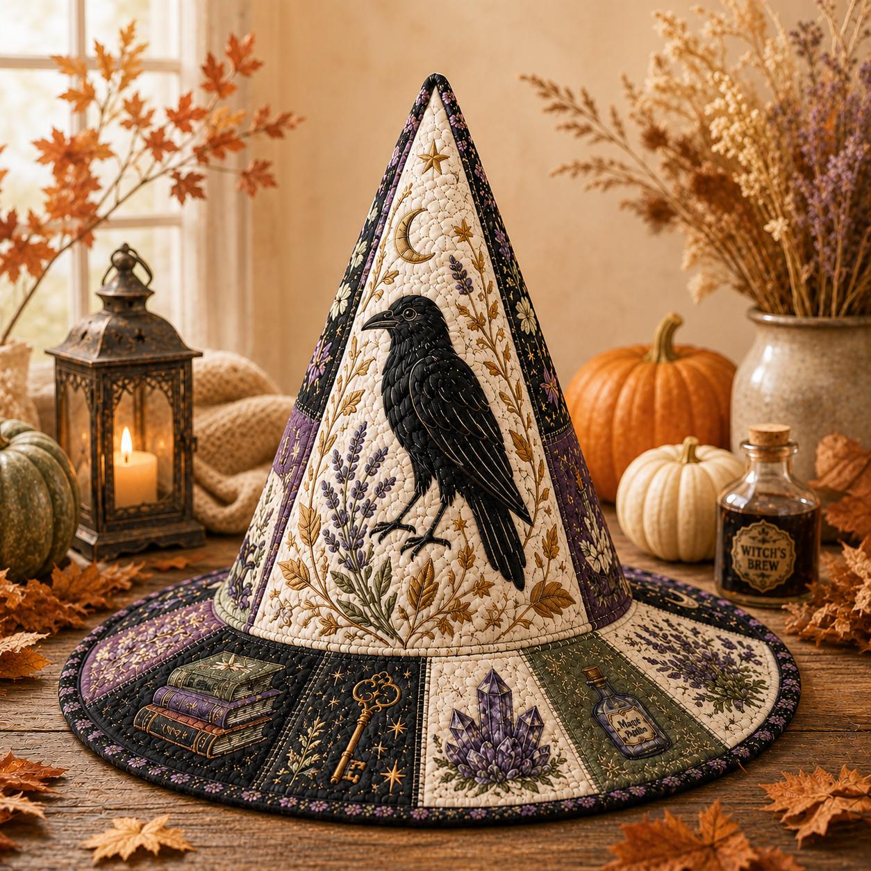 Quilted Patchwork Witch Hat Table Centerpiece – Gothic Autumn and Spooky Fall Home Decor with Raven Moon for Witchcore Halloween - photo 2