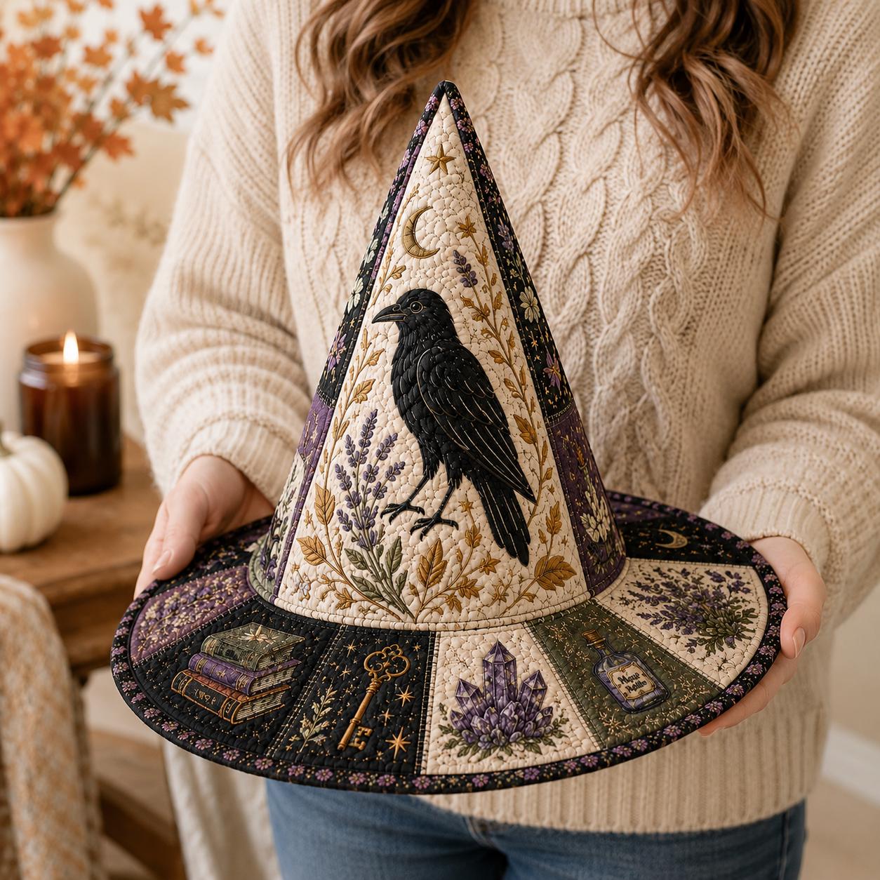 Quilted Patchwork Witch Hat Table Centerpiece – Gothic Autumn and Spooky Fall Home Decor with Raven Moon for Witchcore Halloween - photo 3