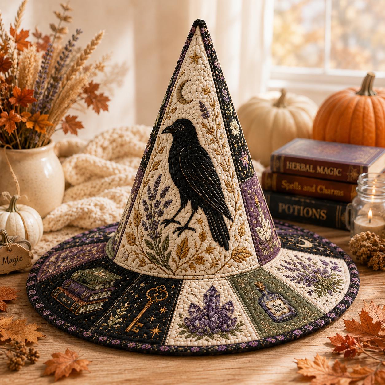Quilted Patchwork Witch Hat Table Centerpiece – Gothic Autumn and Spooky Fall Home Decor with Raven Moon for Witchcore Halloween - photo 4