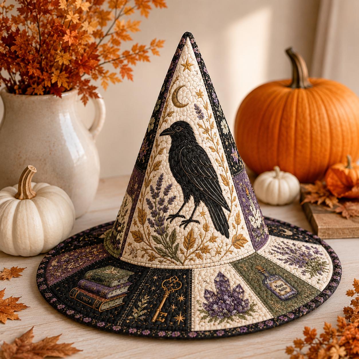 Quilted Patchwork Witch Hat Table Centerpiece – Gothic Autumn and Spooky Fall Home Decor with Raven Moon for Witchcore Halloween - photo 5