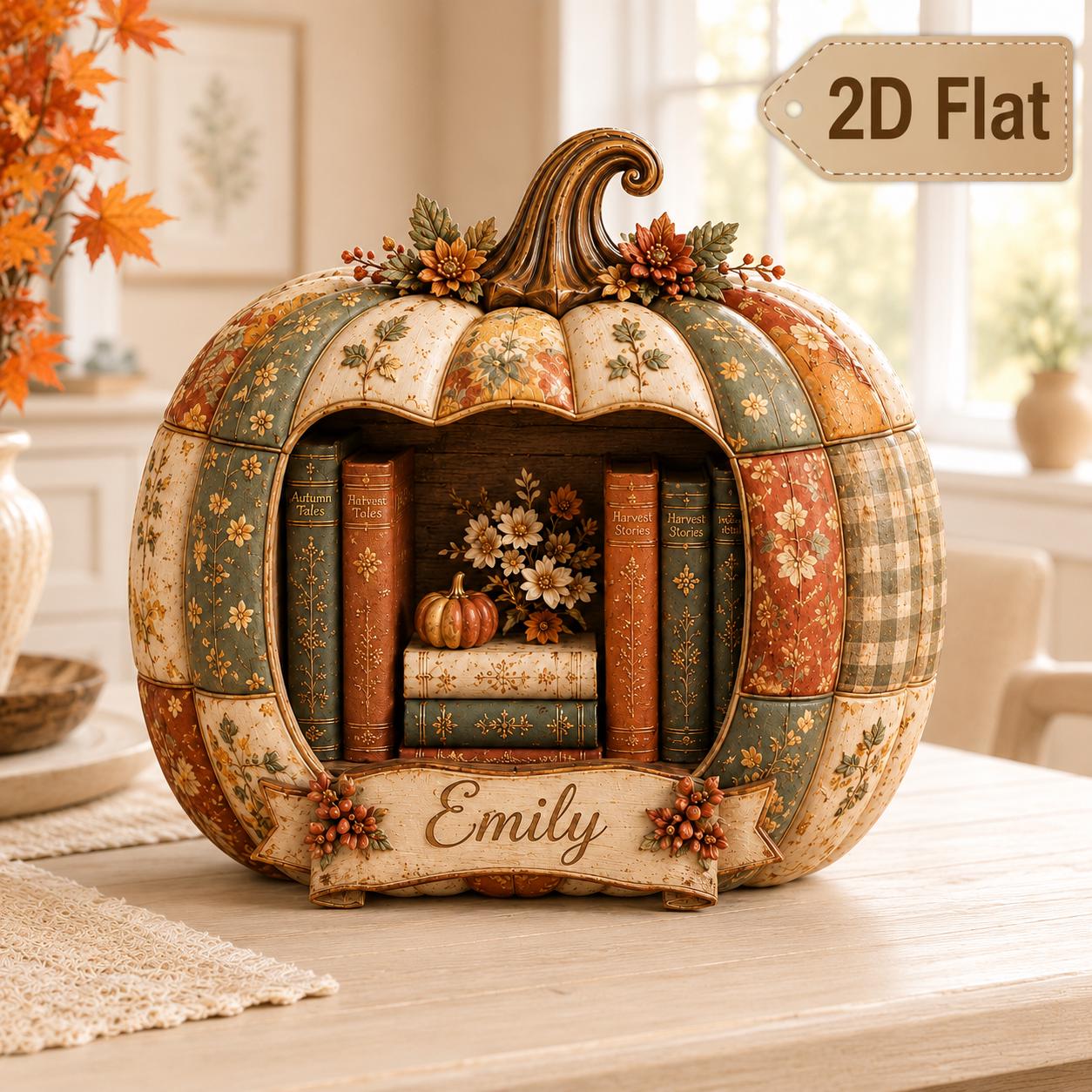 Personalized Pumpkin Bookshelf Sign with Custom Name for Fall Reader Decor, Patchwork Autumn Wooden Block, and Book Lover Gift